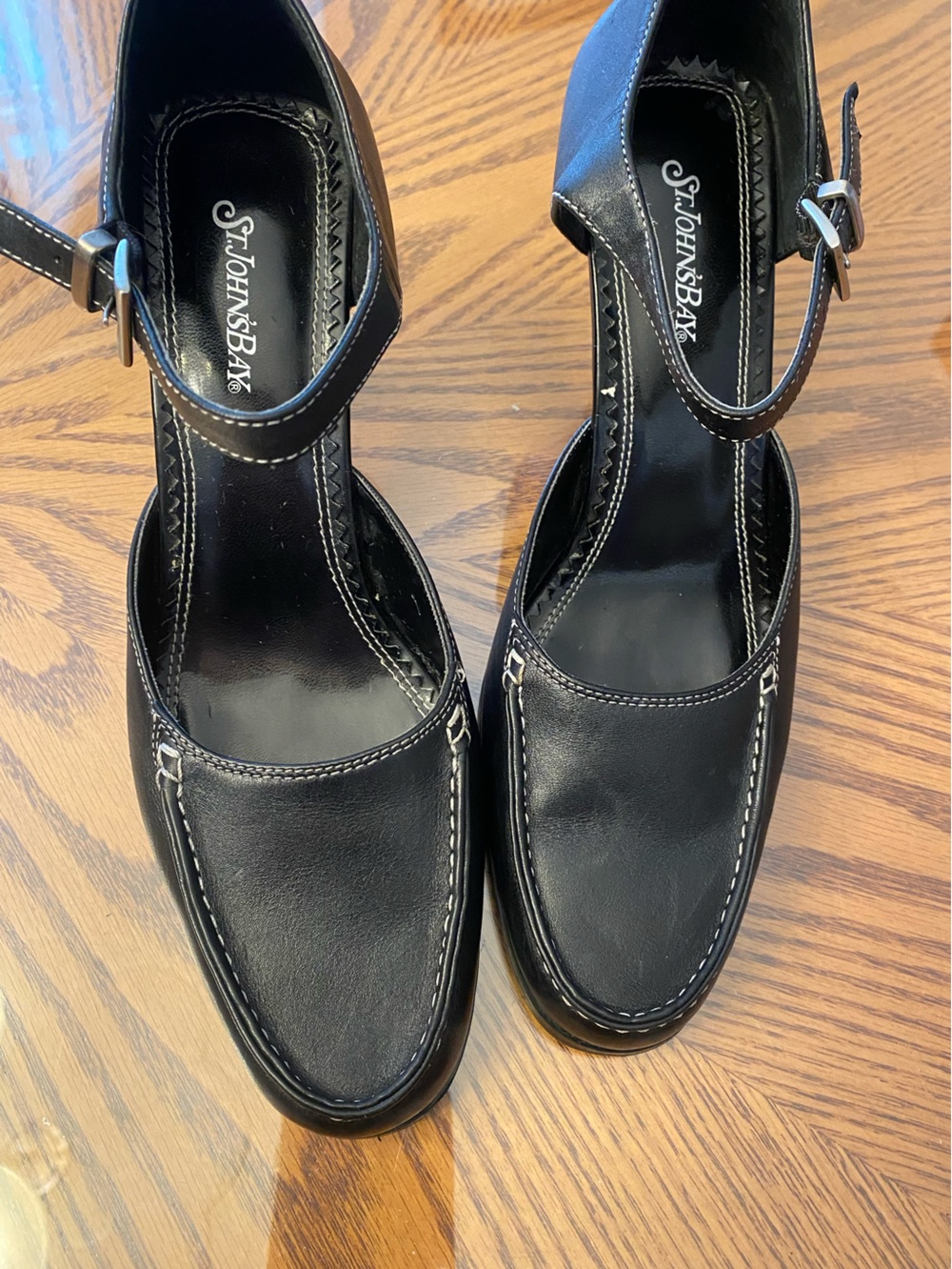 St. John's Bay Black Leather Ankle-Strap Mary Jane Heels